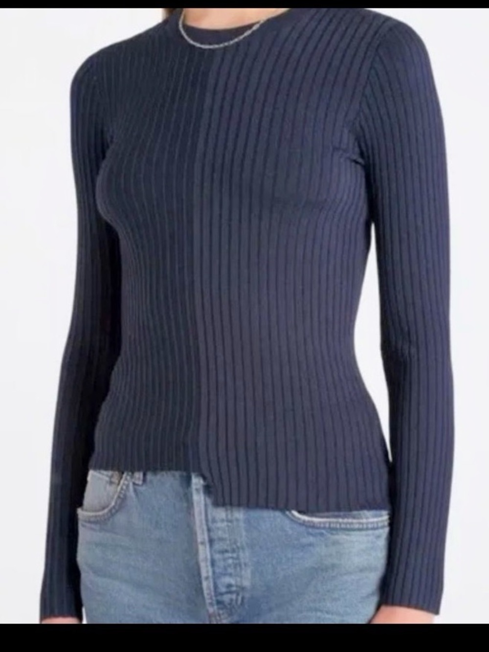 Pistola Ribbed Crewneck High Low Colorblock Top in Navy Blue